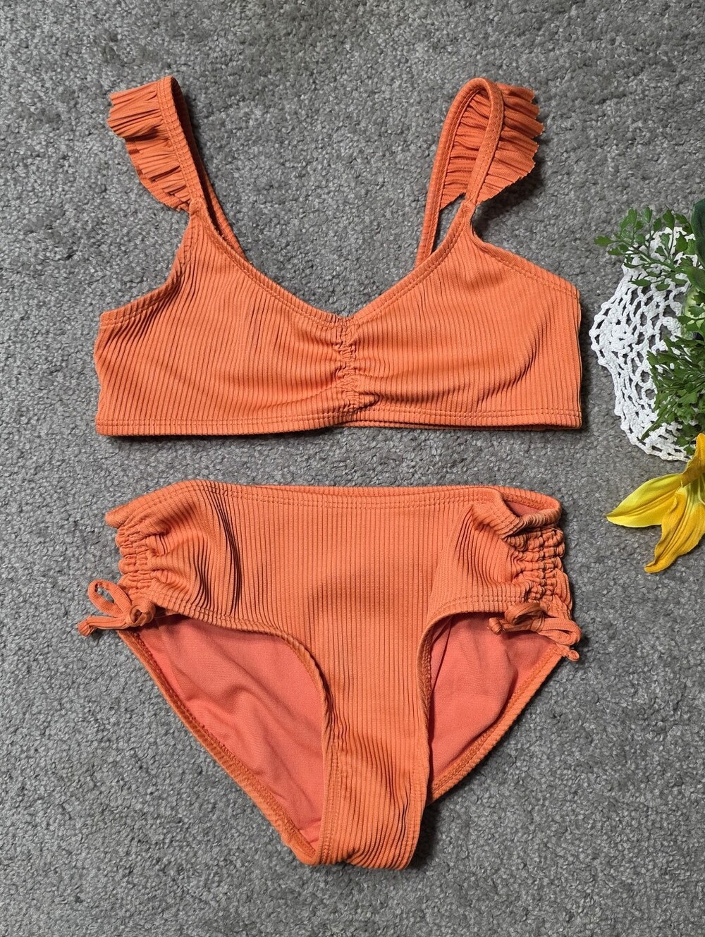 Wonder Nation Orange Bikini Ribbed Texture with Ruffle Straps Girls Size M 7 - 8